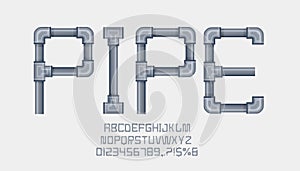 Pipe font cartoon style, metal pipe alphabet isolated on white.